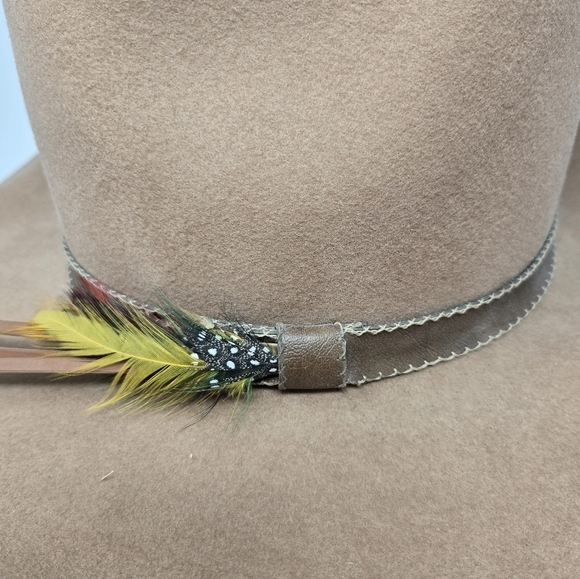 VINTAGE GEO. W BOLLMAN TAN WOOL COWBOY HAT LEATHER FEATHERS WESTERN WOMEN OS 80s - Picture 15 of 15